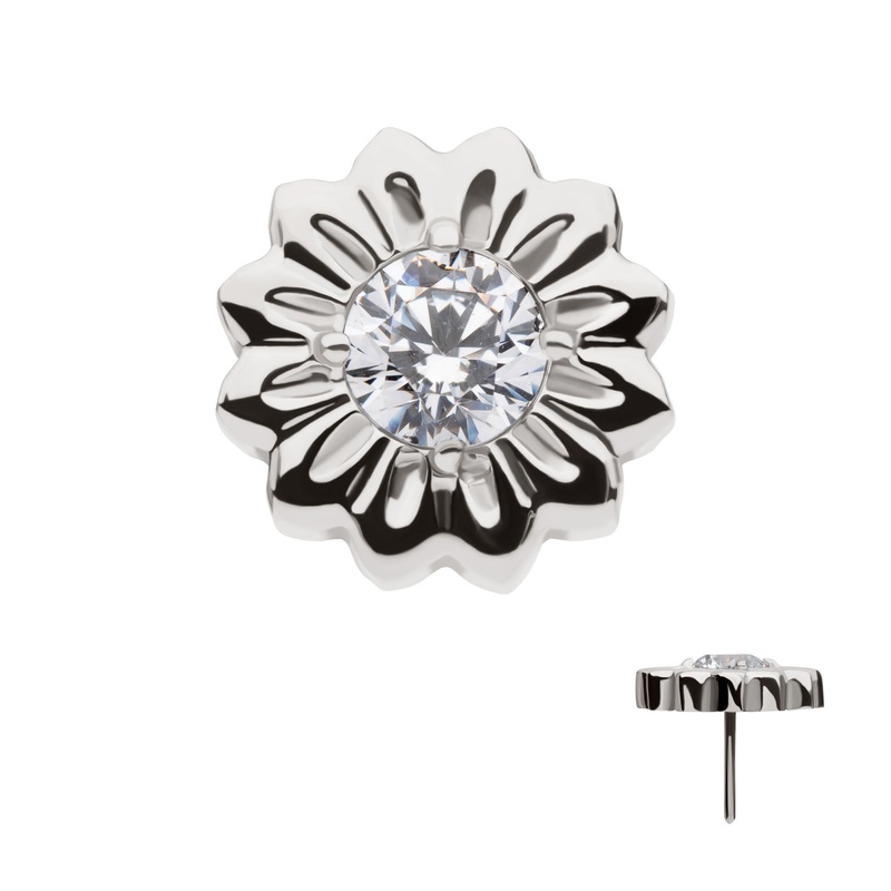 Titanium Threadless Prong Set Gem Daisy Flower Top . Top: 7mm (L) x 7mm (W) x 1.5mm (THK) Clear