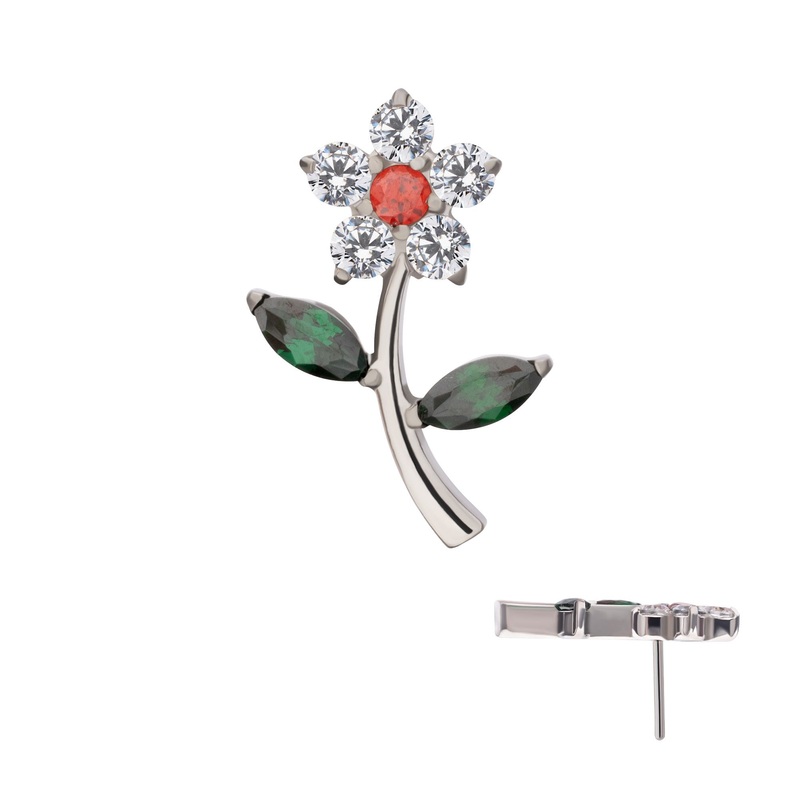 Titanium Threadless Prong Set Gem Flower Stem Top . Top: 10.8mm (L) x 6.5mm (W) x 1.8mm (THK) Clear|Emerald|Garnet