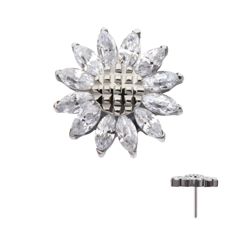 Titanium Threadless Prong Set Marquise Gem Sunflower Top . Top: 6.7mm (L) x 6.7mm (W) x 2mm (THK) Clear