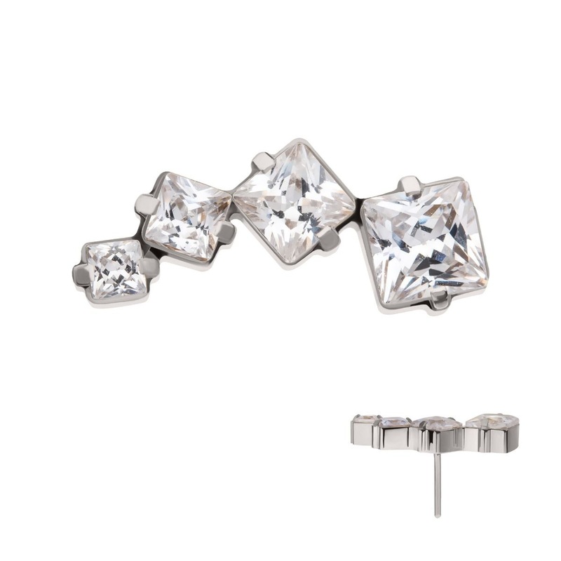 Titanium Threadless Prong Set Princess Cut Gem Staggered 4-Cluster Top . Top: 12mm (L) x 5mm (W) x 2.3mm (THK) Clear