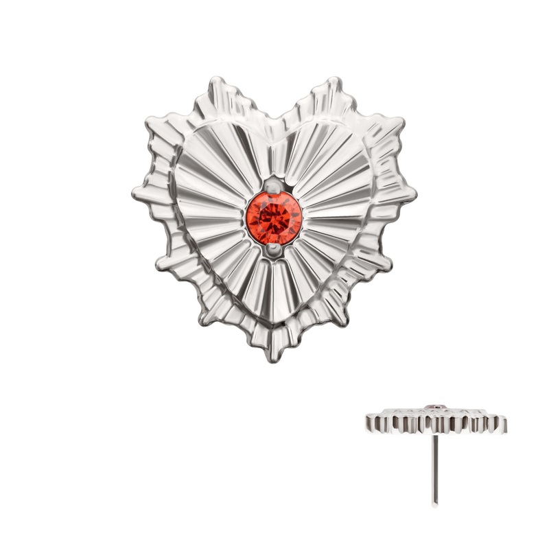 Titanium Threadless Prong Set Round Garnet Gem Spiked Edge Heart Top . Top: 8.1mm (L) x 8mm (W) x 1.5mm (THK) Garnet