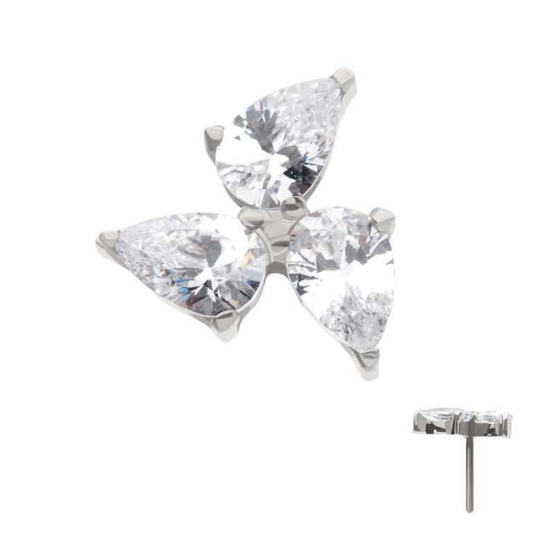 Titanium Threadless Prong Set Teardrop Gem 3-Cluster Top . Top: 5.7mm (L) x 5.7mm (W) x 1.5mm (THK) Clear