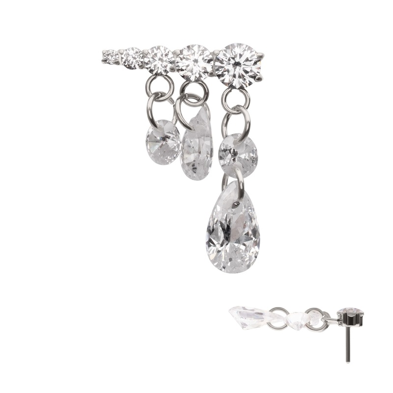 Titanium Threadless Staggered Cluster Prong Set Gem Bar Tiered Floating Gem Dangles . Top: 15mm (L) x 10.8mm (W) x 1.9mm (THK) Clear