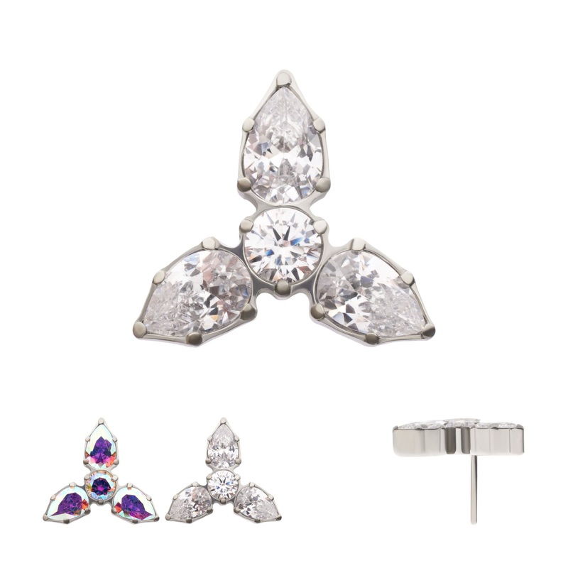 Titanium Threadless Teardrop Gem Trinity Top . Top: 7.3mm (L) x 7.3mm (W) x 2mm (THK) Aurora Borealis