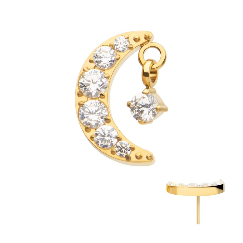 24Kt Gold PVD Titanium Threadless Crescent Moon CZ Top Dangle Pronged Round CZ . Top: 9.1mm (L) x 6mm (W) x 1.8mm (THK) Clear