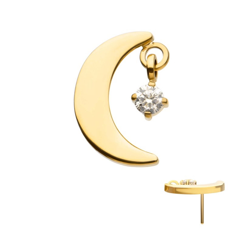 24Kt Gold PVD Titanium Threadless Crescent Moon Top Dangle Pronged Round CZ . Top: 9.1mm (L) x 6mm (W) x 1.8mm (THK) Clear