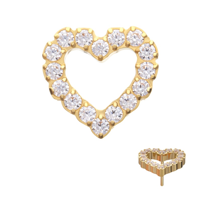 24Kt Gold PVD Titanium Threadless Pave Set Gem Hollow Heart Top . Top: 6.7mm (L) x 6.4mm (W) x 1.3mm (THK) Clear