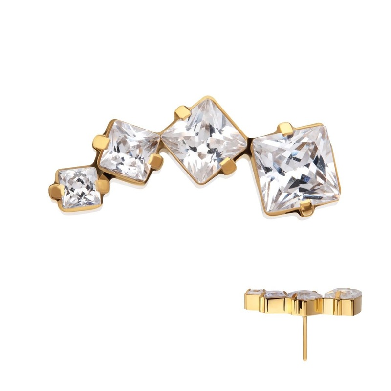 24Kt Gold PVD Titanium Threadless Prong Set Princess Cut Gem Staggered 4-Cluster Top . Top: 12mm (L) x 5mm (W) x 2.3mm (THK) Clear