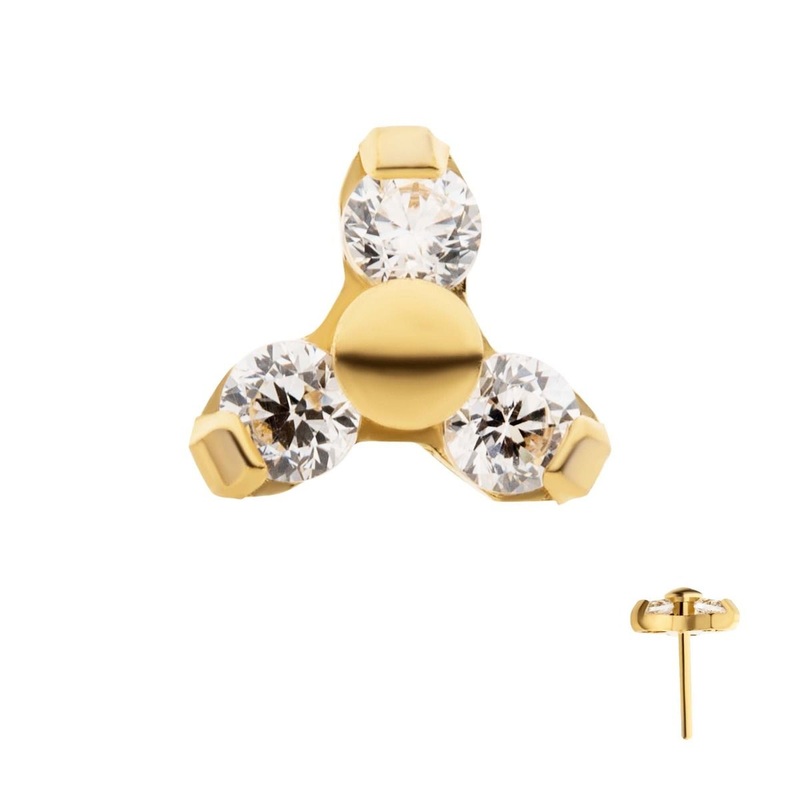 24Kt Gold PVD Titanium Threadless Pronged Round CZ Trinity Top . Top: 4mm (L) x 4.5mm (W) x 1.8mm (THK) | Gem- 1.5mm Clear