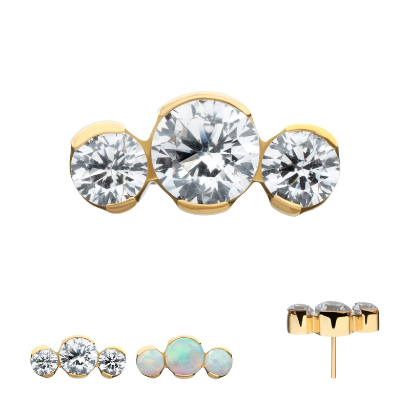 24Kt Gold PVD Titanium Threadless Semi-Bezel Set Round Gem/Opal 3-Cluster Top . Top: 8.9mm (L x 4mm (W) x 2.8mm (THK)|Gem- 3.5mm (1pc) | 2.5mm (2pcs) Clear