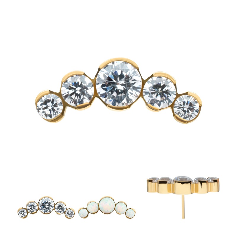 24Kt Gold PVD Titanium Threadless Semi-Bezel Set Round Gem/Opal 5-Cluster To . Top: 12.7mm (L x 5mm (W) x 2.8mm (THK)|Gem- 3.5mm (1pc) | 2.5mm (2pcs) | 2.0mm (2pcs) Clear