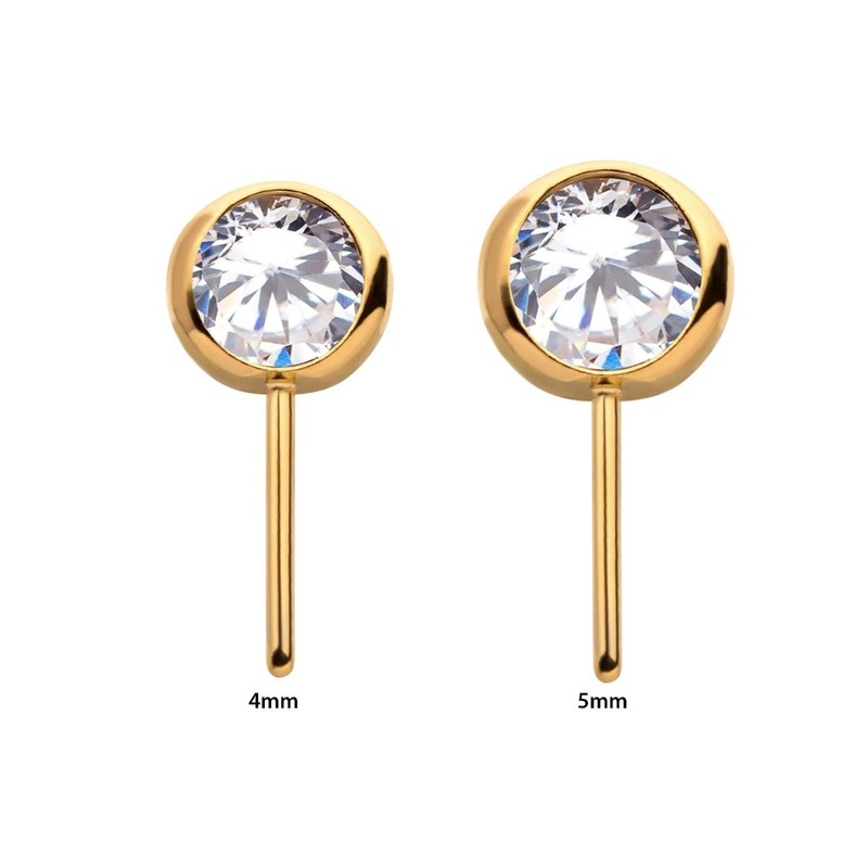 24KT Gold PVD Titanium Threadless Swarovski Crystal Side Facing Top . Top: 4mm (DIA) x 2.3mm (THK) | Gem- 4mm Clear