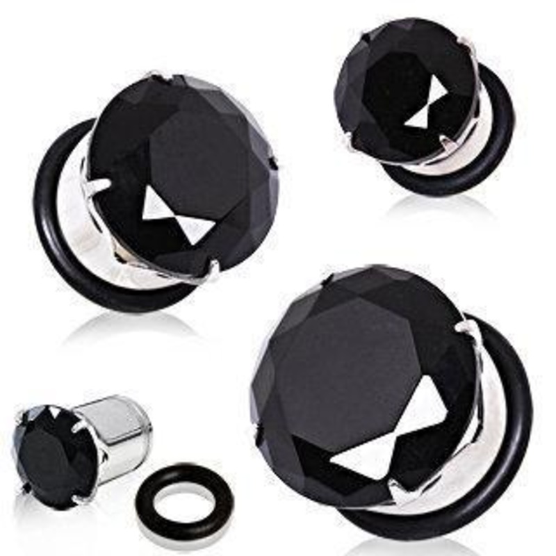316L Prong Set Black CZ Single Flare Plug w/ O-Ring – 1 Piece 0G (8mm)