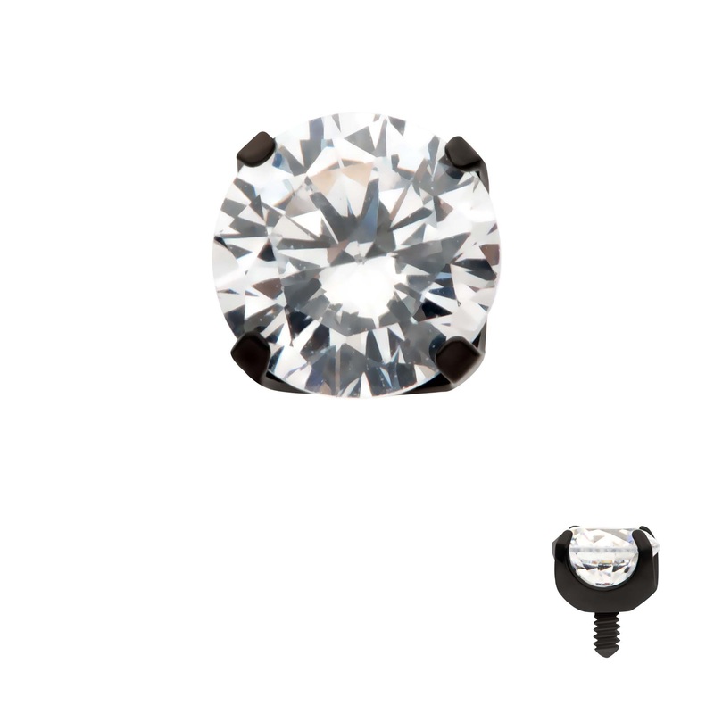 Black PVD Titanium Internally Threaded 4-Prong CZ Front Facing Top 16G (1.2mm) Top: 2.53mm (DIA) x 2.06mm (THK), Gem- 2.5mm Clear