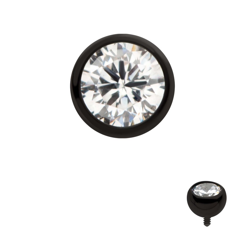 Black PVD Titanium Internally Threaded Bezel Set CZ Front Facing Top 16G (1.2mm) Top: 2.56mm (DIA) x 2.06mm (THK), Gem- 2.5mm Clear