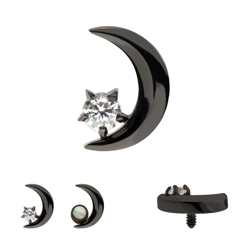 Black PVD Titanium Internally Threaded Crescent Moon CZ/Opal Top 16G (1.2mm) Top: 6mm (L) x 4mm (W) x 2mm (THK), Gem- 1.8mm Clear