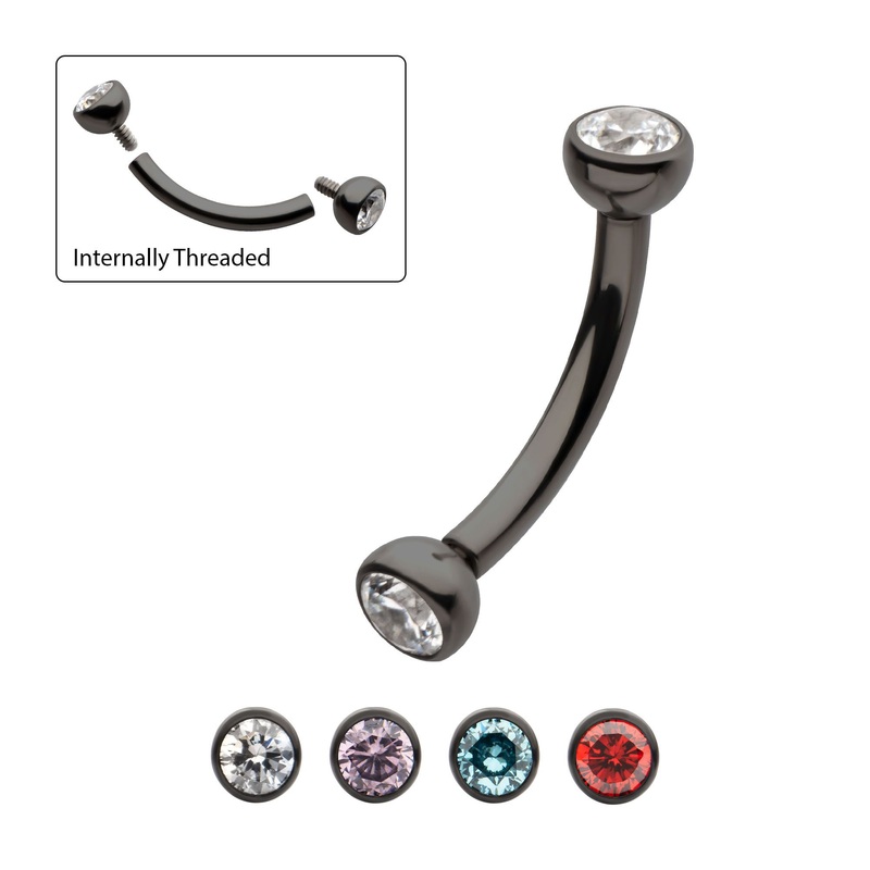 Black PVD Titanium Internally Threaded Double Bezel Gem End Curved Barbell Rook Barbell 16G (1.2mm) Inner Diameter: 3/8″ (10mm) | Ball-Size: 3mm Aqua