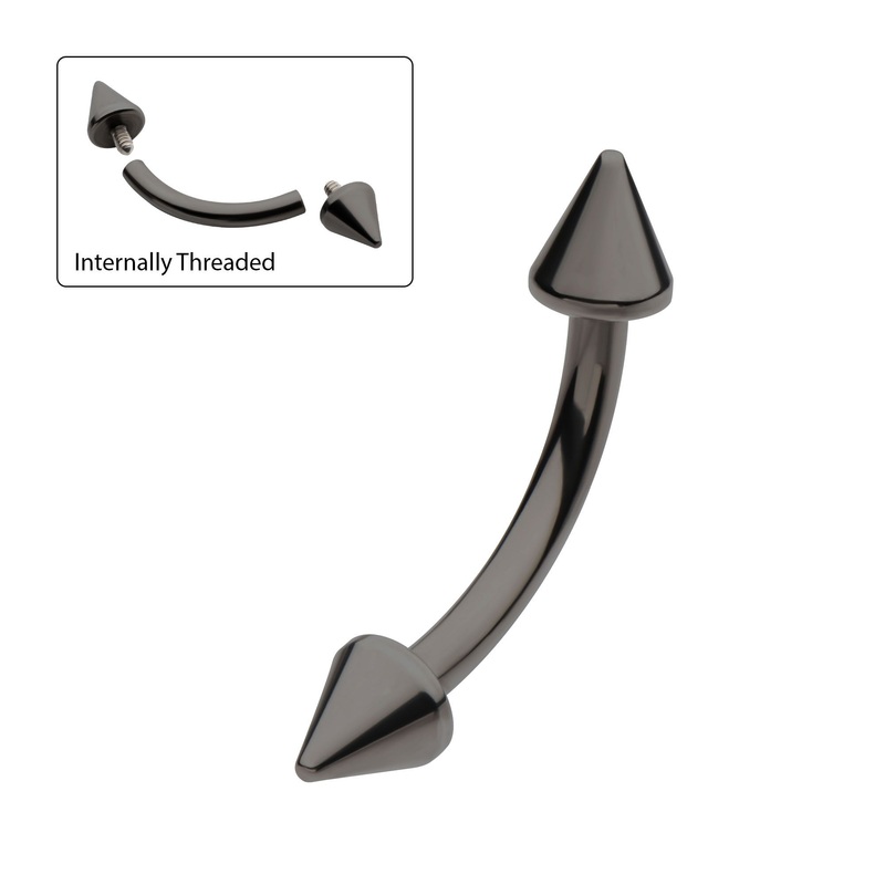 Black PVD Titanium Internally Threaded Spike End Curved Barbell Rook Barbell 16G (1.2mm) Length/Inner Diameter: 3/8″ (10mm) | Spike: 3mm