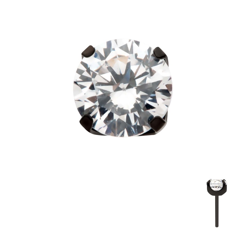 Black PVD Titanium Threadless 4-Prong CZ Front Facing Top . Top: 2.53mm (DIA) x 2.06mm (THK) | Gem- 2.5mm Clear