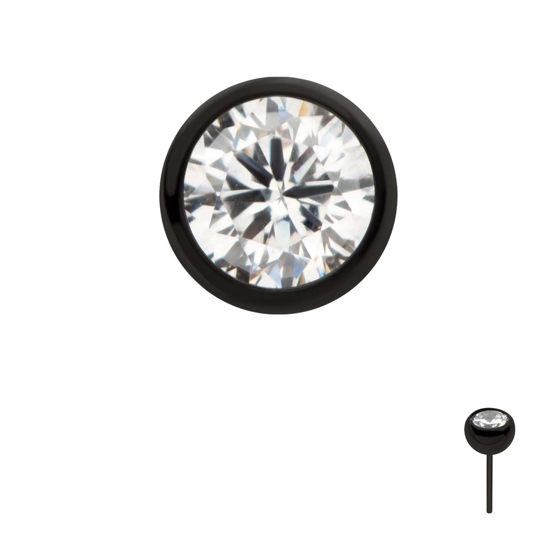 Black PVD Titanium Threadless Bezel Set CZ Front Facing Top . Top: 2.56mm (DIA) x 2.06mm (THK) | Gem- 2.5mm Clear