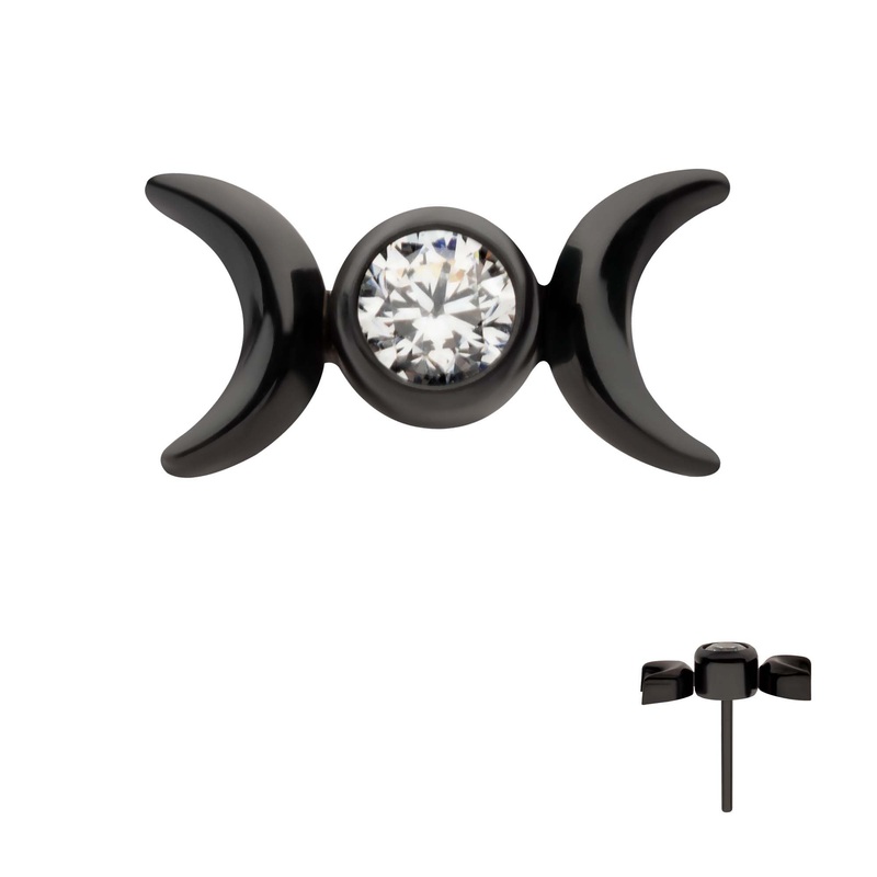 Black PVD Titanium Threadless Bezel Set CZ Triple Moon Phase Top . Top: 6.7mm (L) x 3.6mm (W) x 2.2mm (THK) | Gem- 2mm Clear