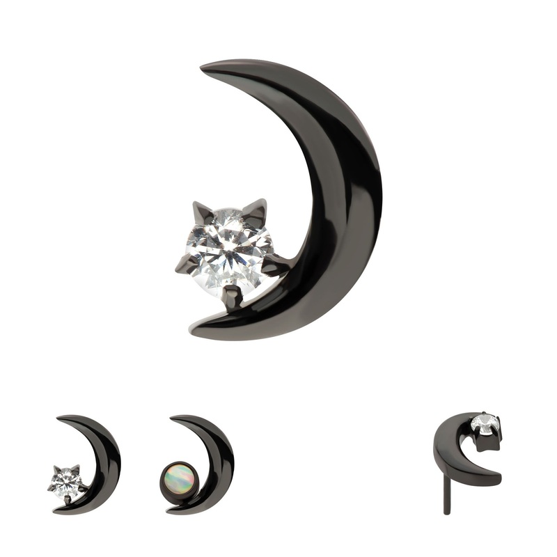 Black PVD Titanium Threadless Crescent Moon CZ/Opal Top . Top: 6mm (L) x 4mm (W) x 2mm (THK) | Gem- 1.8mm Clear