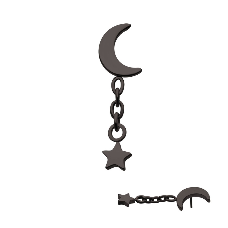 Black PVD Titanium Threadless Crescent Moon Top Star Dangle . Top: 13.8mm (L) x 3.6mm (W) x 1.2mm (THK)