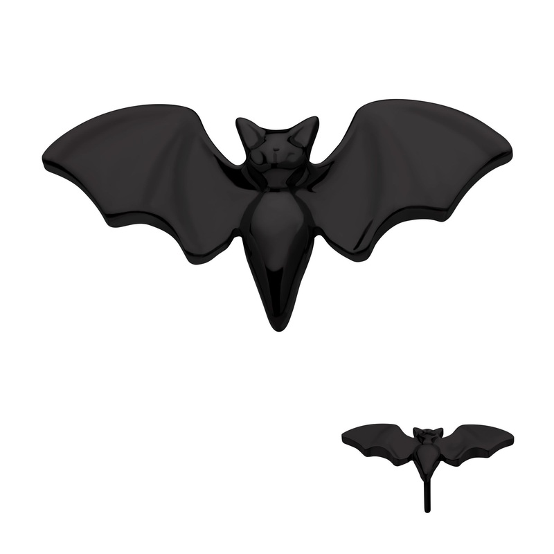 Black PVD Titanium Threadless Open Wings Bat Top . Top: 11.9mm (L) x 5.8mm (W) x 1mm (THK)