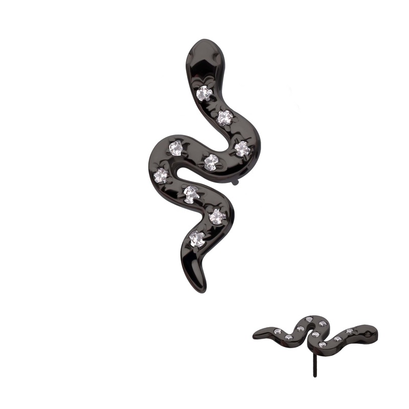 Black PVD Titanium Threadless Prong Set 9-Gem Snake Top . Top: 14mm (L) x 6mm (W) x 2mm (THK) Clear