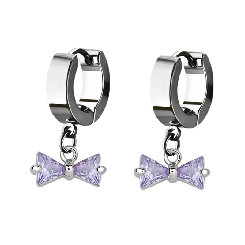 CZ Crystal Bow Dangling Huggie Hoop Earrings – Pair – 316L Stainless Steel Clear