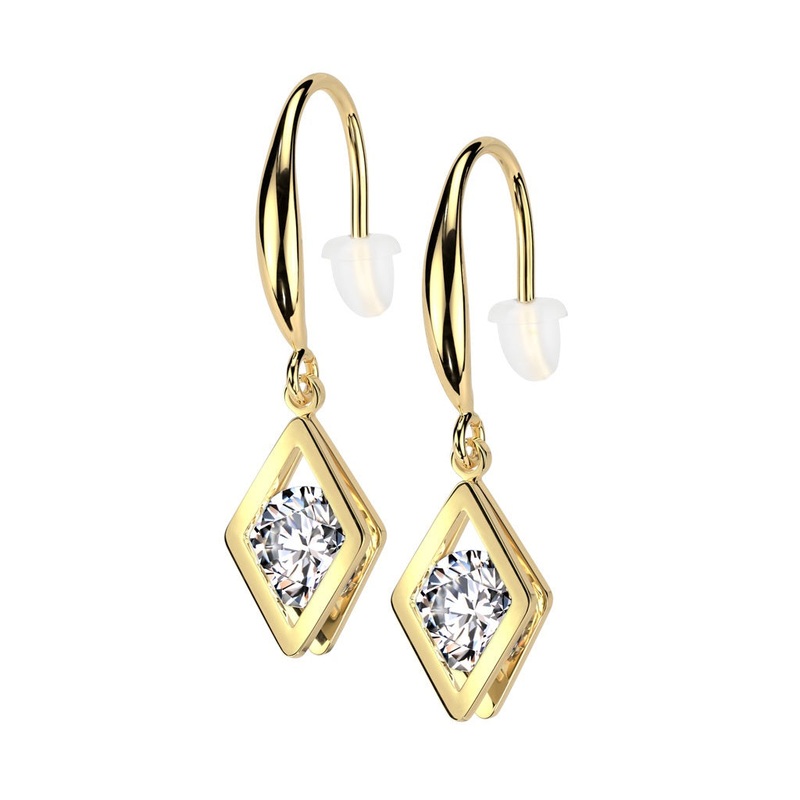CZ Crystal Hollow Diamond Shaped Dangling Earrings – Pair – 316L Stainless Steel Gold