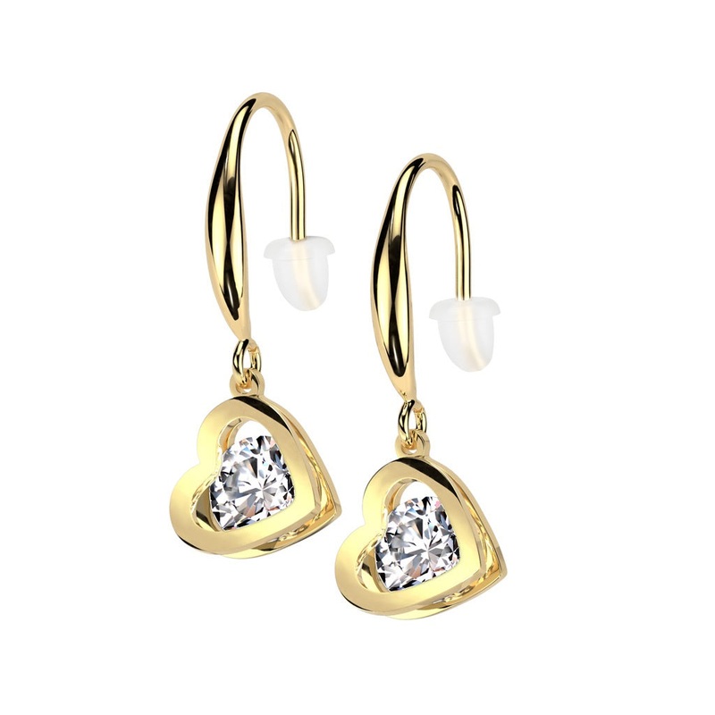 CZ Crystal Hollow Heart Shaped Dangling Earrings – Pair – 316L Stainless Steel Gold
