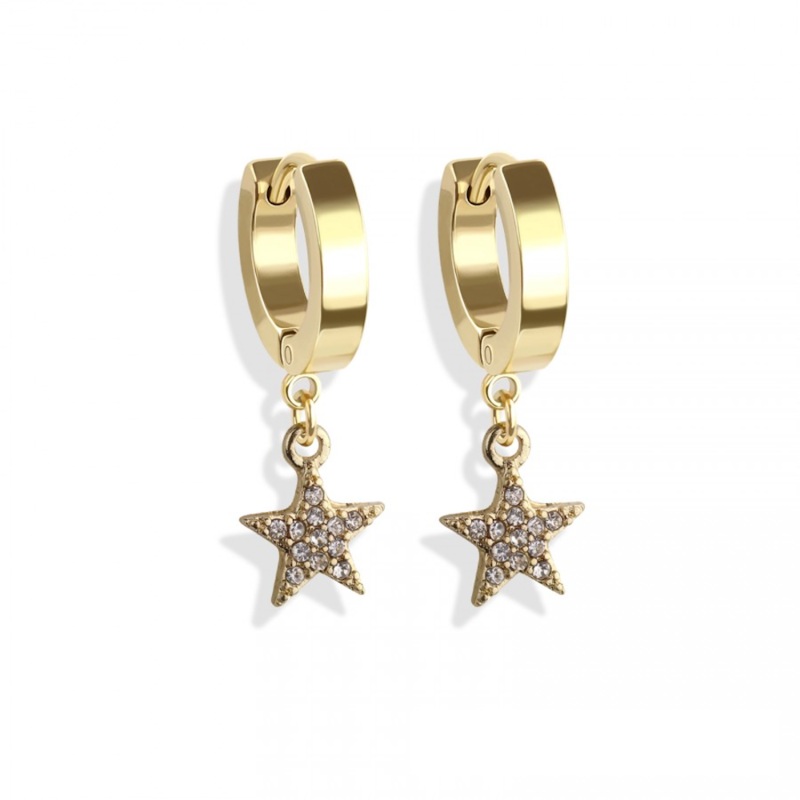 CZ Crystal Star Dangling Huggie Hoop Earrings – Pair – 316L Stainless Steel Black