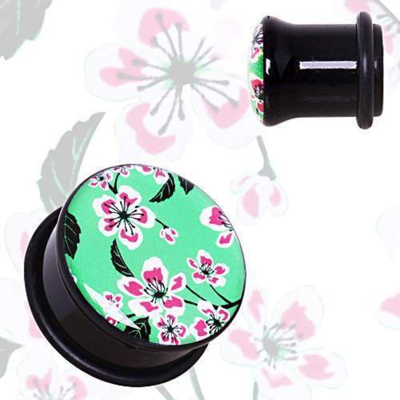 Green UV Acrylic Oriental Flower Blossom Single Flare Plug w/ O-Ring – 1 Piece 00G (10mm)