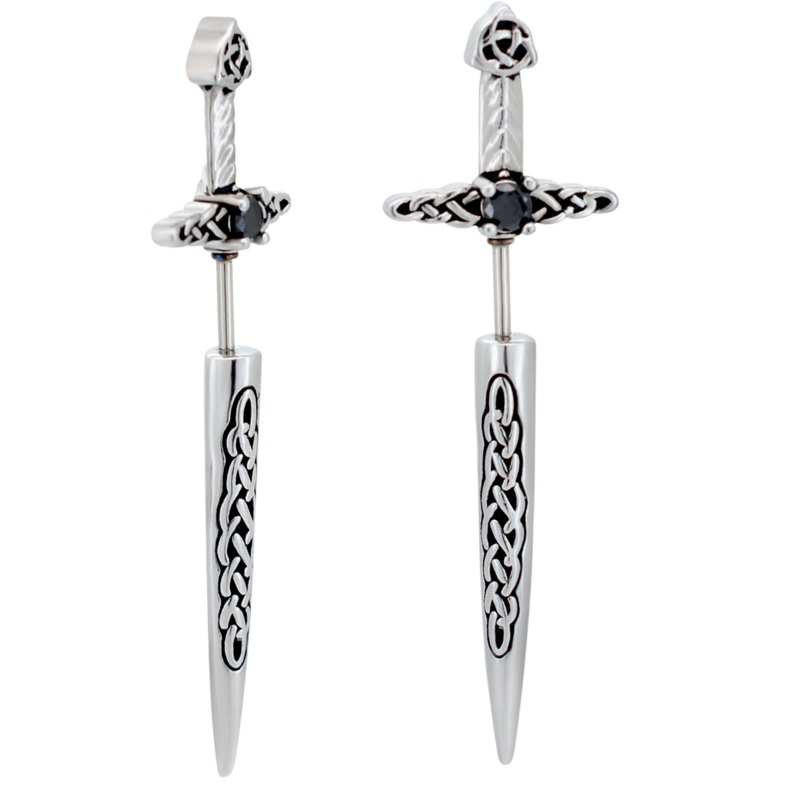 Sword with Celtic Weave Fake Taper Earrings – Pair – 316L Stainless Steel
