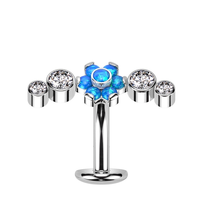 Threadless Push In CZ Crystal and Opalite Flower Floating Belly Button Ring – F136 Implant Grade Titanium Blue