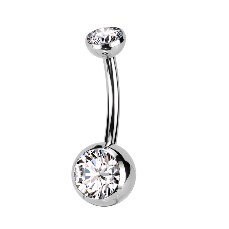 Threadless Push In Double Bezel Set CZ Crystal Belly Button Ring – F136 Implant Grade Titanium 10mm (3/8″) 4 & 6mm