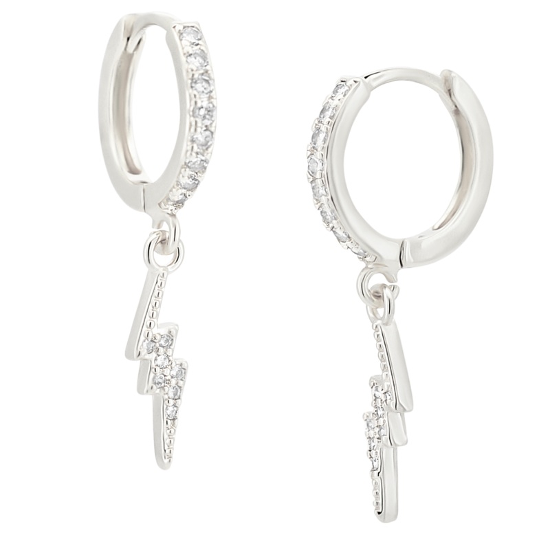 Zircon Lined Dangling Lightning Bolt Huggie Hoop Earrings – Pair Gold