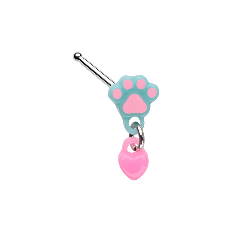 Aqua Dog Paw with Dangling Pink Heart Nose Bone Stud – Stainless Steel