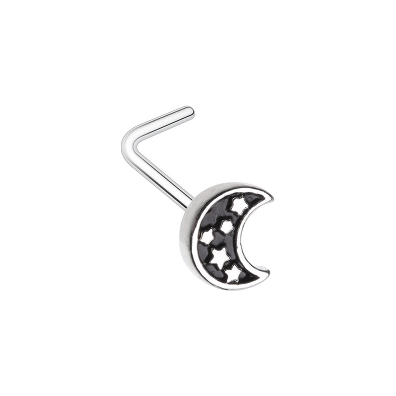 Black Crescent Moon with Stars L-Bend Nose Stud – Stainless Steel