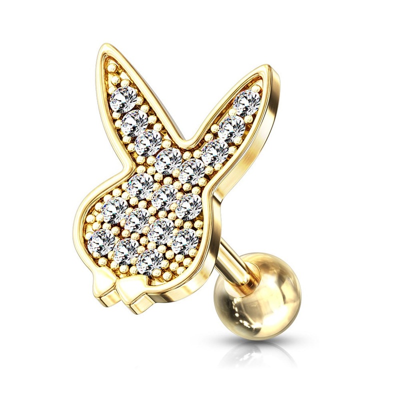 CZ Crystal Paved Playboy Bunny Barbell Stud – 316L Stainless Steel Gold