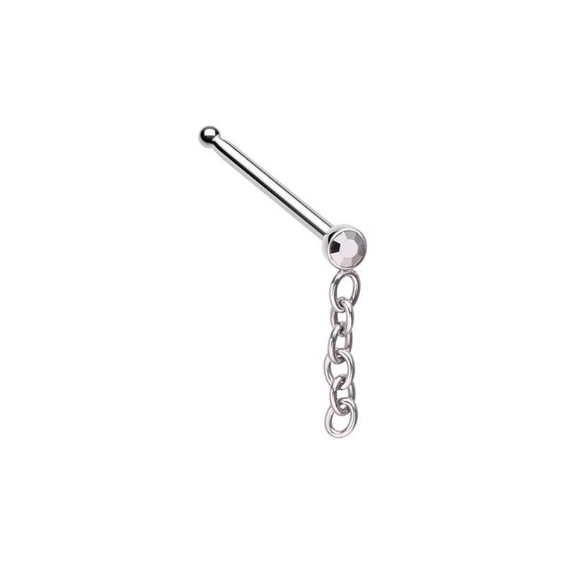 Gem with Long Dangling Chain Nose Bone Stud – Stainless Steel