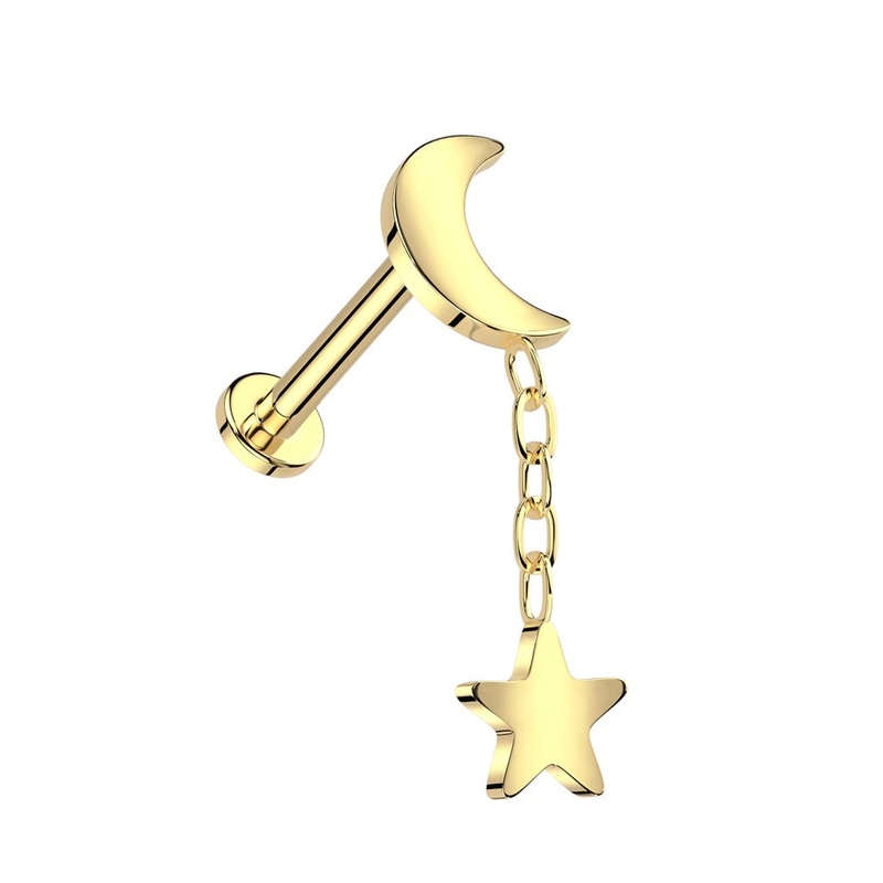 Internally Threaded Crescent Moon with Dangling Star Flat Back Stud – ASTM F-136 Implant Grade Titanium Gold