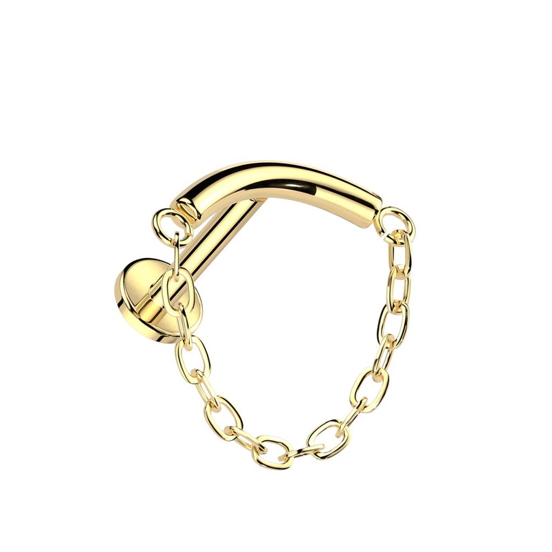 Internally Threaded Curved Bar with Dangling Chain Hidden Helix Flat Back Stud – ASTM F-136 Implant Grade Titanium Gold
