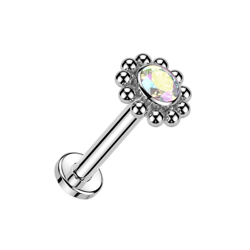 Internally Threaded CZ Crystal Center Flower with Beaded Edge Flat Back Stud – ASTM F-136 Implant Grade Titanium Aurora Borealis