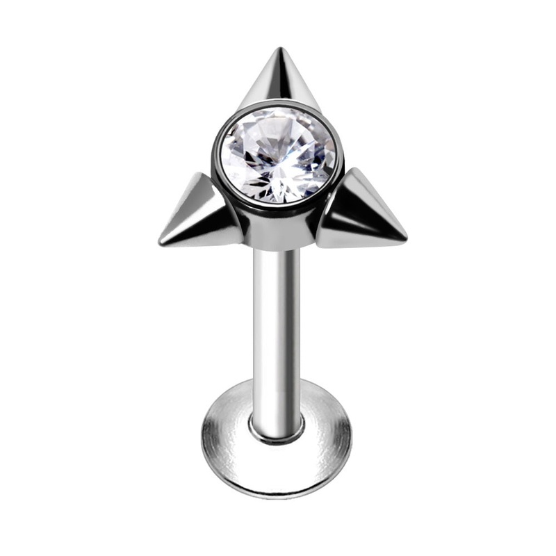 Internally Threaded CZ Crystal Center Triple Triangle Spike Flat Back Stud – 316L Stainless Steel