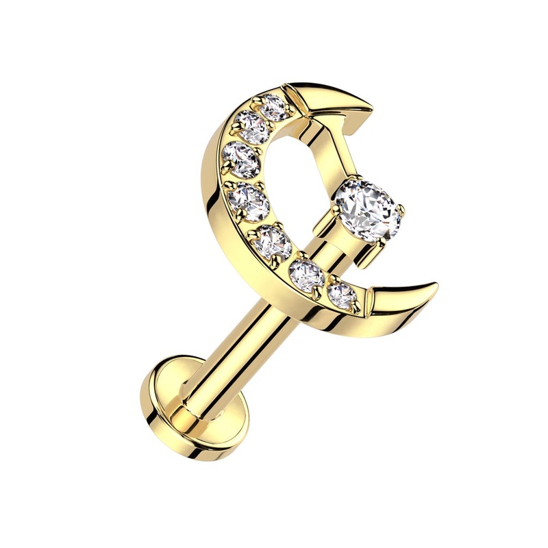 Internally Threaded CZ Crystal Cresecent Moon Flat Back Stud – ASTM F-136 Implant Grade Titanium Gold