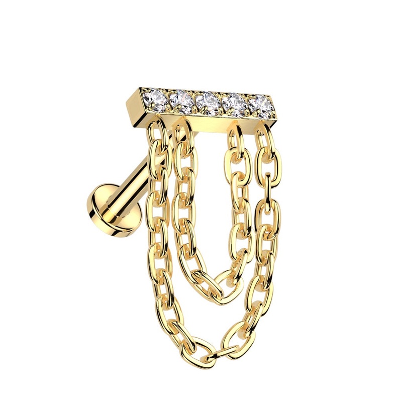 Internally Threaded CZ Crystal Lined Bar with Double Dangling Chains Flat Back Stud – ASTM F-136 Implant Grade Titanium Gold