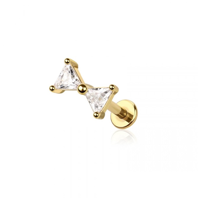 Internally Threaded CZ Crystal Ribbon Bow Flat Back Stud – 316L Stainless Steel Gold