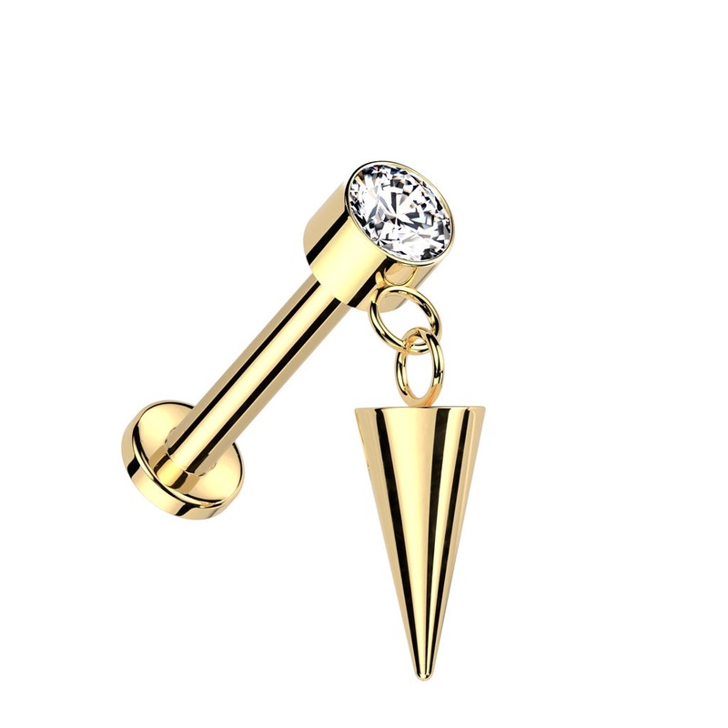 Internally Threaded CZ Crystal with Dangling Spike Flat Back Stud – ASTM F-136 Implant Grade Titanium Gold